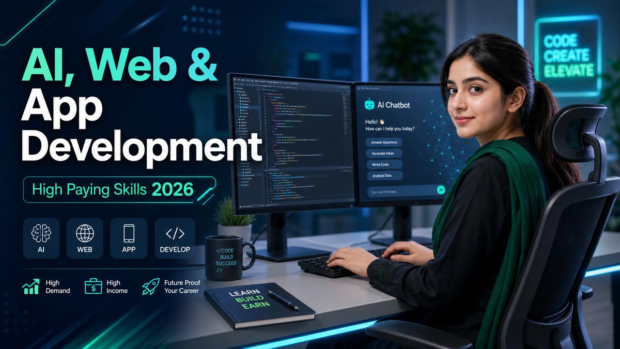 Pakistani woman developer coding with an AI chatbot on dual monitors