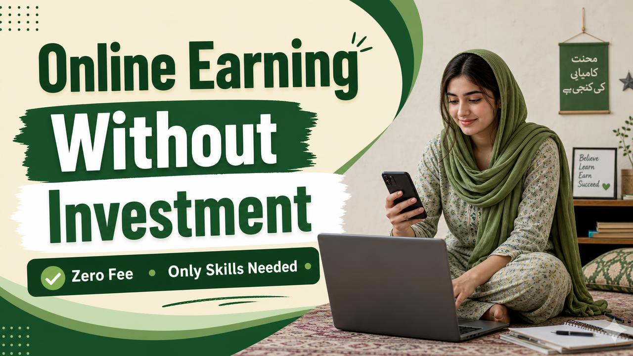 Pakistani girl studying online earning at home with a laptop and mobile phone