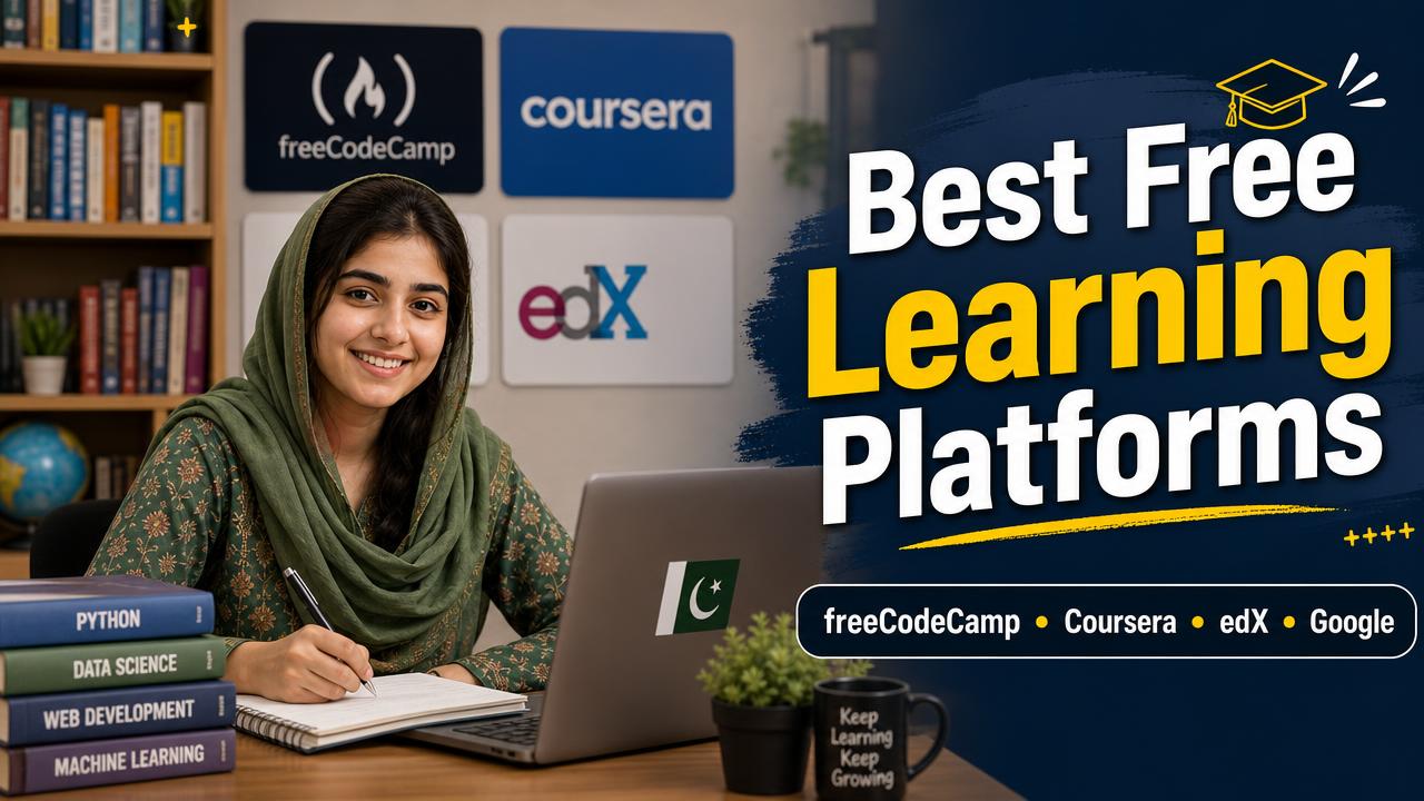 Pakistani student girl studying free online courses in a library