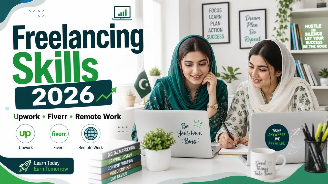 Two Pakistani girls learning freelancing skills together on laptops