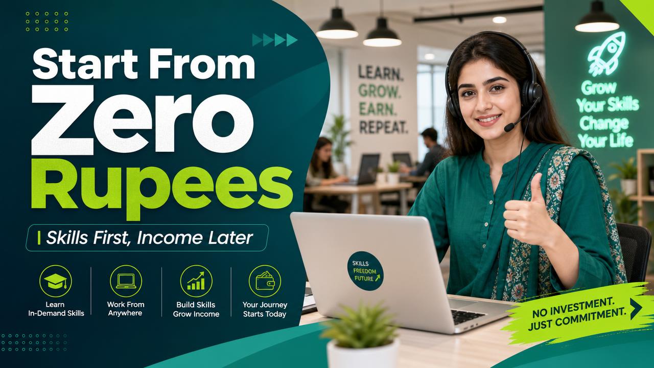 Confident Pakistani girl freelancer with headset and laptop starting online work