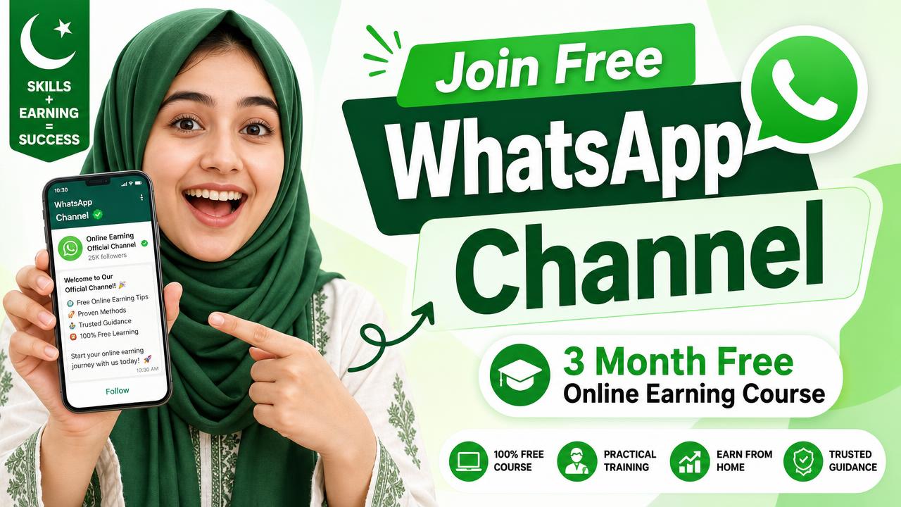 Pakistani girl in hijab showing the free online earning WhatsApp channel on her phone